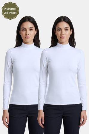 2-Beyaz Kadın Yarım Balıkçı Yaka Uzun Kollu Body/Bluz - 2'li Paket