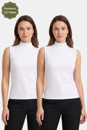 2-Beyaz Kadın Kolsuz Yarım Balıkçı Yaka Body/Bluz - 2'li Paket