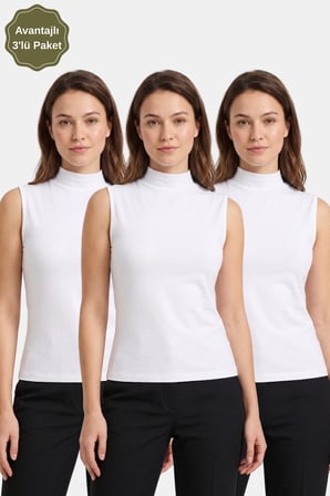 3-Beyaz Kadın Kolsuz Yarım Balıkçı Yaka Body/Bluz - 3'lü Paket
