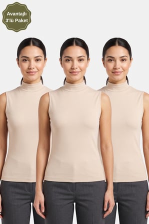 3-Ten Kadın Kolsuz Yarım Balıkçı Yaka Body/Bluz - 3'lü Paket
