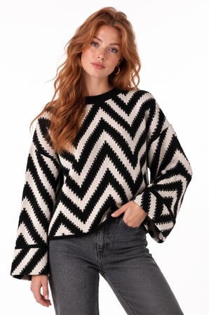 Siyah Zigzag Desenli Oversize Örgü Triko Kazak