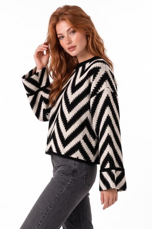 Siyah Zigzag Desenli Oversize Örgü Triko Kazak
