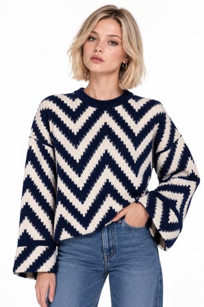 Lacivert Zigzag Desenli Oversize Örgü Triko Kazak