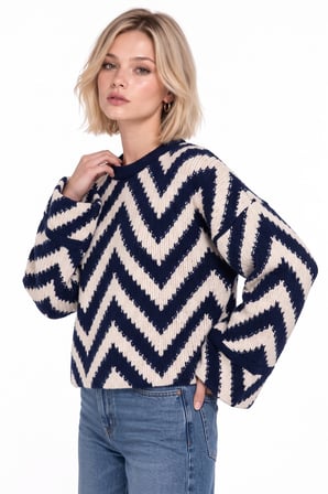 Lacivert Zigzag Desenli Oversize Örgü Triko Kazak
