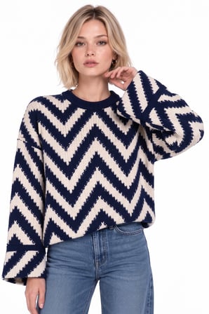 Lacivert Zigzag Desenli Oversize Örgü Triko Kazak