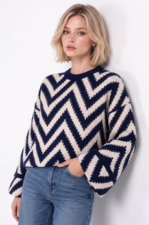 Lacivert Zigzag Desenli Oversize Örgü Triko Kazak
