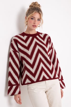 Bordo Zigzag Desenli Oversize Örgü Triko Kazak