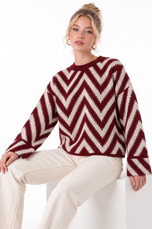 Bordo Zigzag Desenli Oversize Örgü Triko Kazak