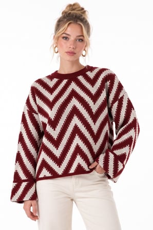 Bordo Zigzag Desenli Oversize Örgü Triko Kazak