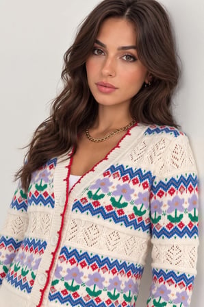 Beyaz V Yaka Desenli Ajurlu Triko Hırka