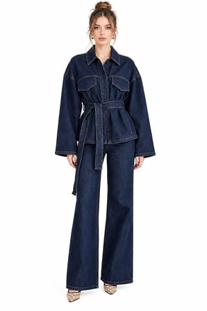 Lacivert Belden Bağlamalı Denim Ceket ve Pantolon İkili Takım