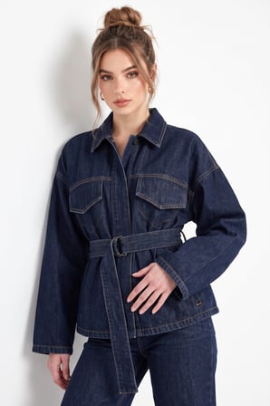 Lacivert Belden Bağlamalı Denim Ceket ve Pantolon İkili Takım