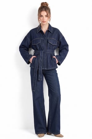 Lacivert Belden Bağlamalı Denim Ceket ve Pantolon İkili Takım