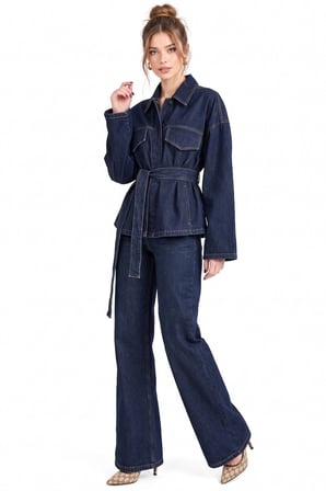 Lacivert Belden Bağlamalı Denim Ceket ve Pantolon İkili Takım