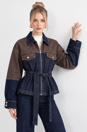 Lacivert Belden Bağlamalı İki Renkli Denim Ceket ve PantolonTakım