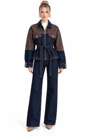 Lacivert Belden Bağlamalı İki Renkli Denim Ceket ve PantolonTakım