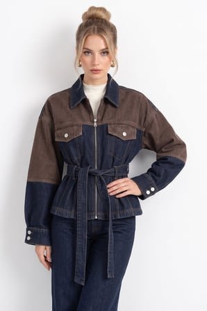 Lacivert Belden Bağlamalı İki Renkli Denim Ceket ve PantolonTakım