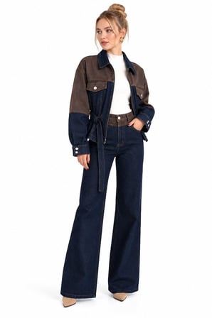 Lacivert Belden Bağlamalı İki Renkli Denim Ceket ve PantolonTakım