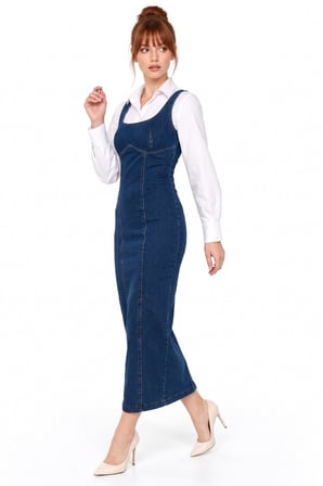 Lacivert Askılı Dikiş Detaylı Maxi Denim Jile Elbise