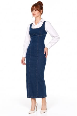 Lacivert Askılı Dikiş Detaylı Maxi Denim Jile Elbise