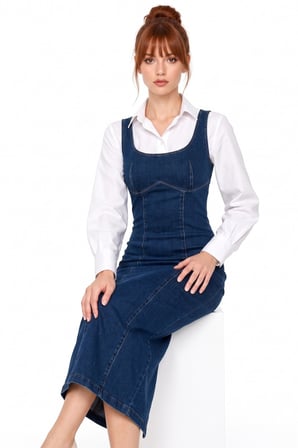 Lacivert Askılı Dikiş Detaylı Maxi Denim Jile Elbise