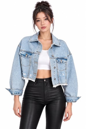 Mavi Sırt Yırtık Detaylı Püsküllü Crop Denim Ceket