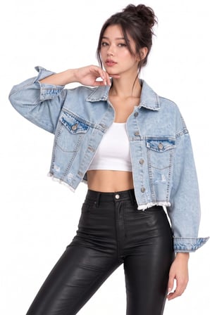 Mavi Sırt Yırtık Detaylı Püsküllü Crop Denim Ceket