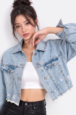 Mavi Sırt Yırtık Detaylı Püsküllü Crop Denim Ceket