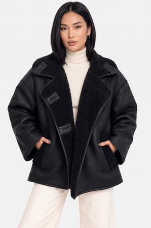 Siyah İç Kürklü Süet Görünümlü Oversize Kürklü Mont Ceket