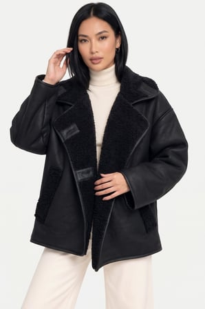 Siyah İç Kürklü Süet Görünümlü Oversize Kürklü Mont Ceket