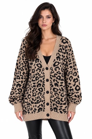 Camel Leopar Desenli Oversize Düğmeli Triko Hırka