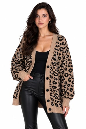 Camel Leopar Desenli Oversize Düğmeli Triko Hırka