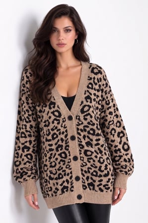 Camel Leopar Desenli Oversize Düğmeli Triko Hırka