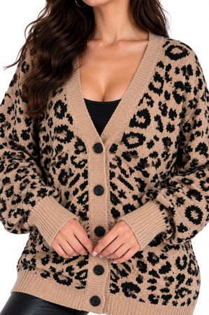 Camel Leopar Desenli Oversize Düğmeli Triko Hırka