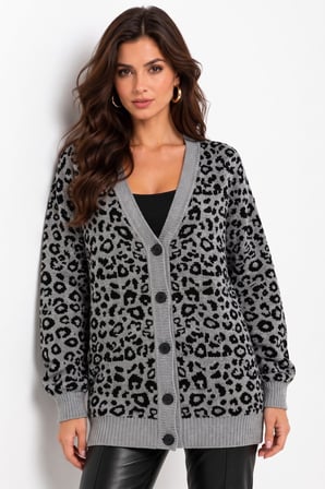 Gri Leopar Desenli Oversize Düğmeli Triko Hırka