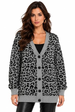 Gri Leopar Desenli Oversize Düğmeli Triko Hırka