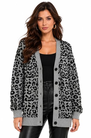 Gri Leopar Desenli Oversize Düğmeli Triko Hırka