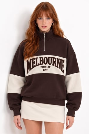 Kahverengi Yarım Fermuarlı Yazılı Blok Desenli Sweatshirt