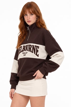 Kahverengi Yarım Fermuarlı Yazılı Blok Desenli Sweatshirt