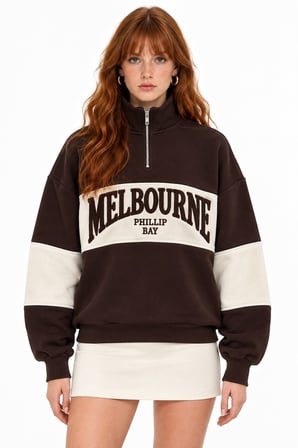 Kahverengi Yarım Fermuarlı Yazılı Blok Desenli Sweatshirt
