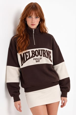 Kahverengi Yarım Fermuarlı Yazılı Blok Desenli Sweatshirt
