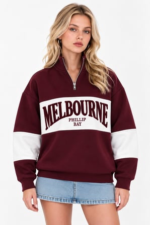 Bordo Yarım Fermuarlı Yazılı Blok Desenli Sweatshirt