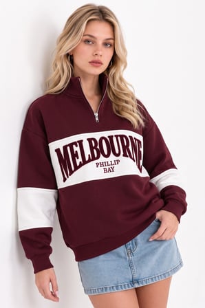 Bordo Yarım Fermuarlı Yazılı Blok Desenli Sweatshirt