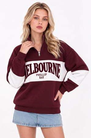 Bordo Yarım Fermuarlı Yazılı Blok Desenli Sweatshirt