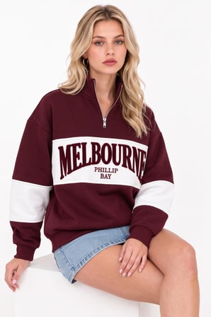 Bordo Yarım Fermuarlı Yazılı Blok Desenli Sweatshirt