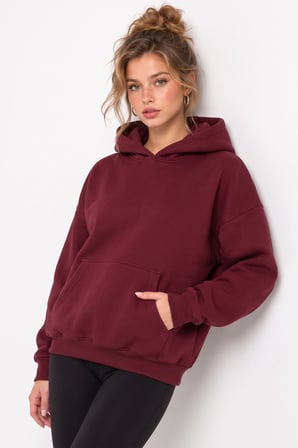 Bordo Sırtı Melek Kanadı Taş İşlemeli Kapüşonlu 3 İplik Sweatshirt