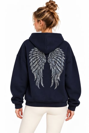 Lacivert Sırtı Melek Kanadı Taş İşlemeli Kapüşonlu 3 İplik Sweatshirt