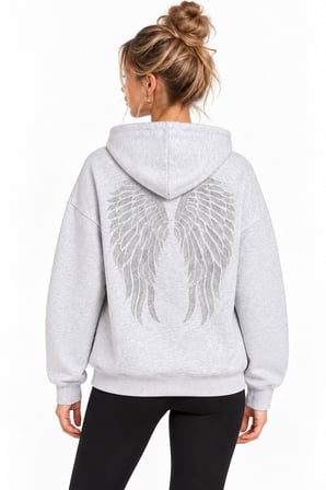 Gri Sırtı Melek Kanadı Taş İşlemeli Kapüşonlu 3 İplik Sweatshirt