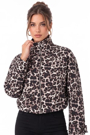 Leopar Desenli Kare Desenli Dik Yaka Pile Detaylı Astarlı Ceket
