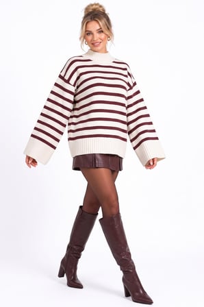 Bordo Çizgili Yarı Balıkçı Yaka Wide Sleeve Triko Kazak